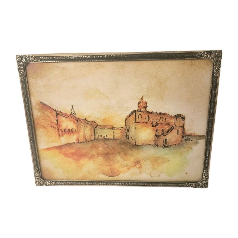 Original Watercolor Painting Tarnów Poland Cityscape Metal Frame Signed Art